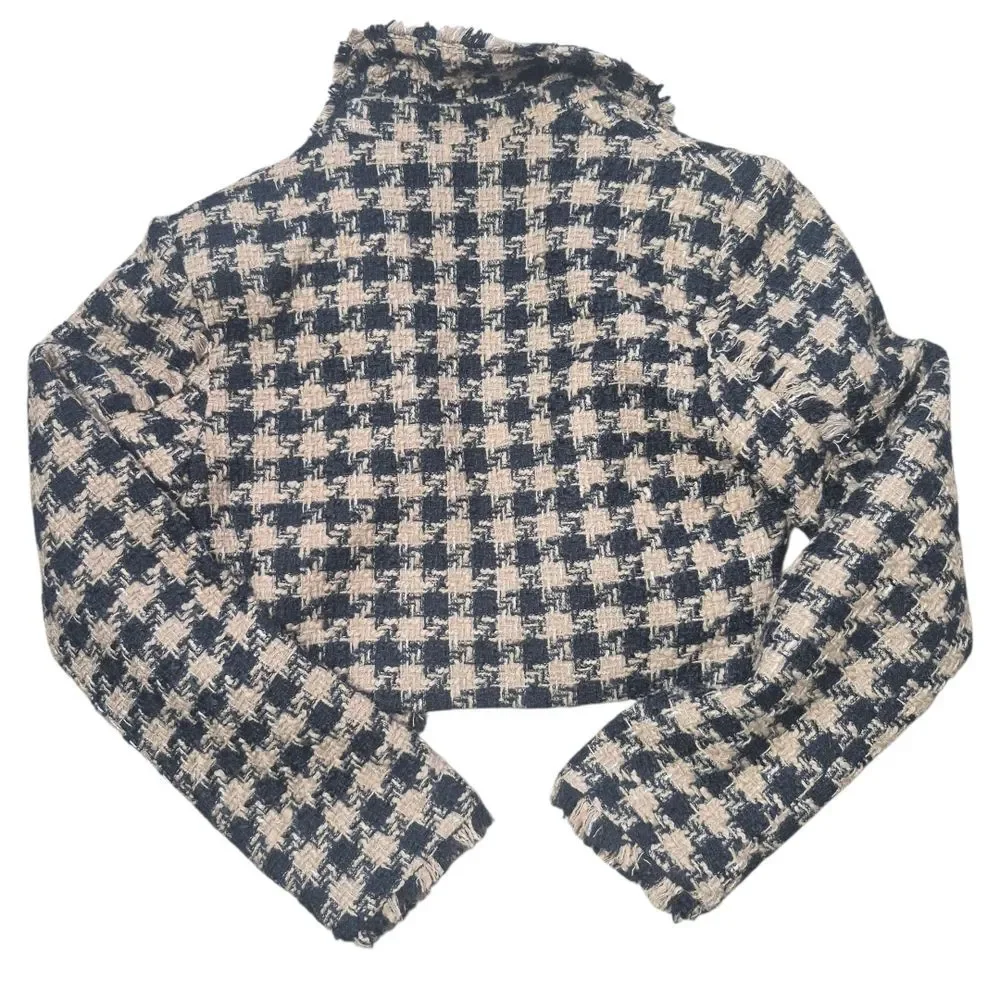 Forever 21 Brown Black Cropped Houndstooth Tweed Fringe Jacket Y2K Size Small - Picture 3 of 7